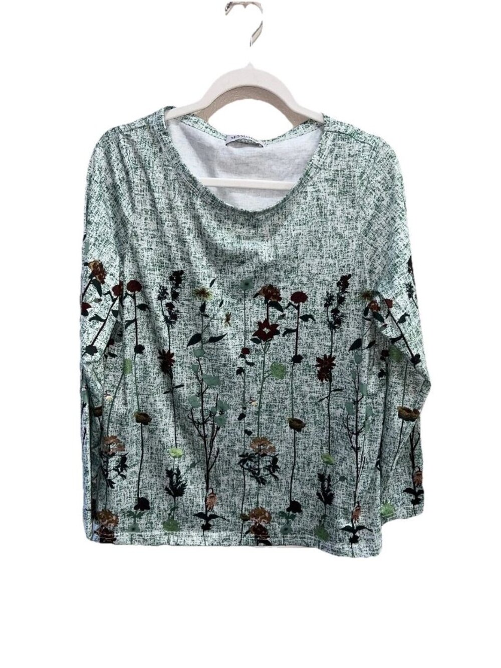 Misslook womans long sleeve top round neck sz M green floral graphic Lounge